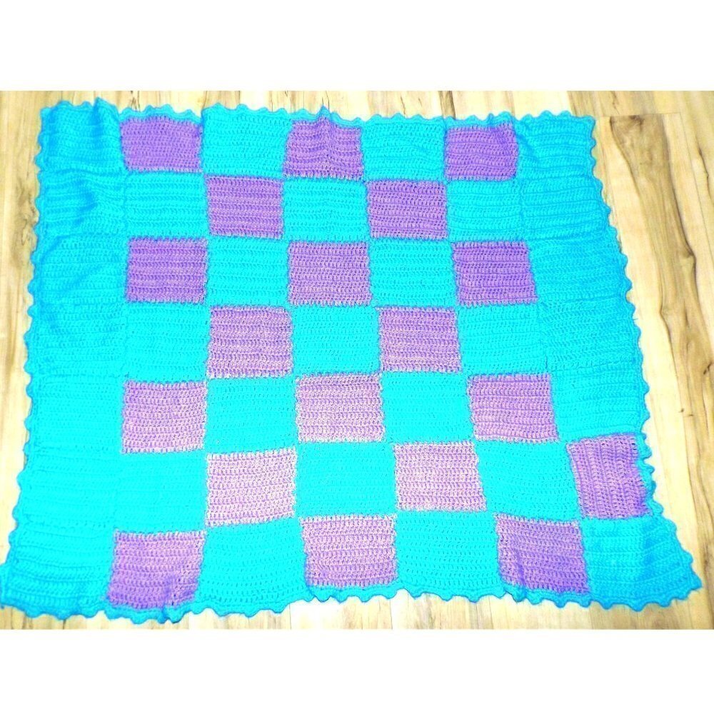 Handmade turquoise and lavender acrylic afghan throw lap blanket 38 X 48 inches